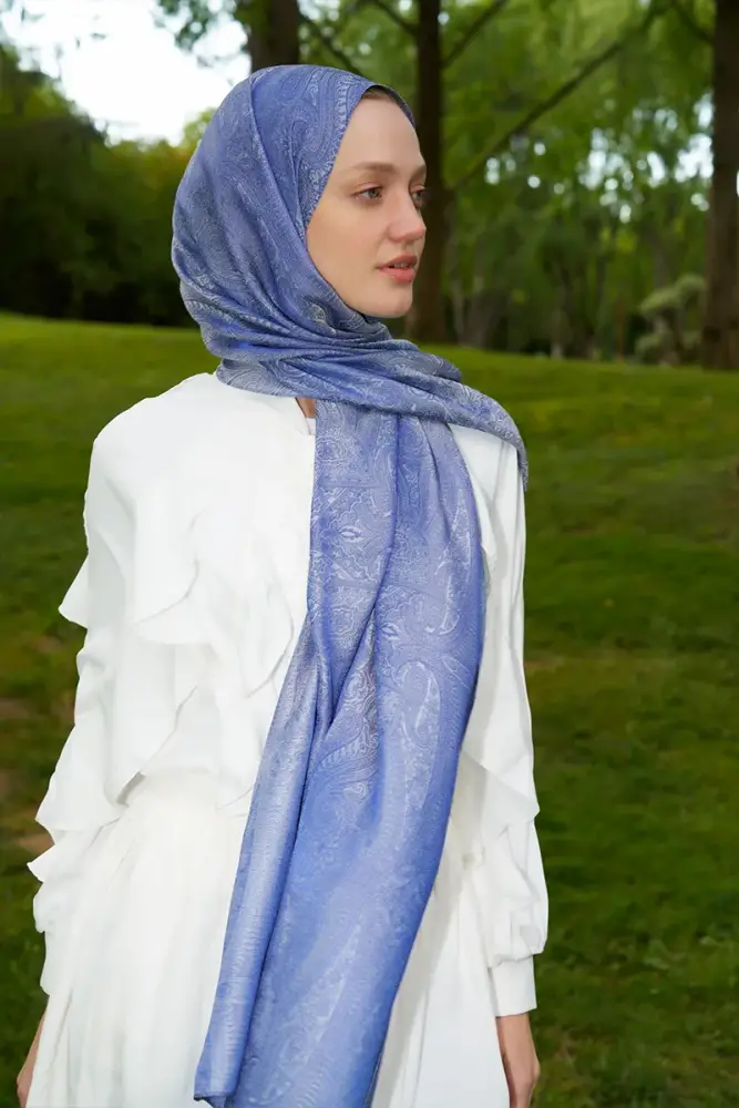 Elegance Silva Desen Jakar Şal - Mavi - 2