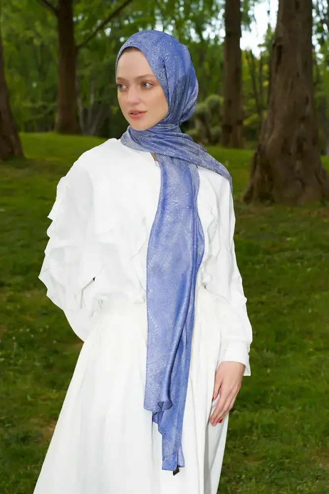 Elegance Silva Desen Jakar Şal - Mavi - 3
