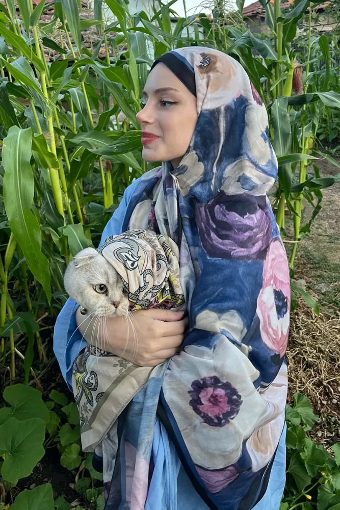 Endless Bloom Desen Şal - Lacivert - 1