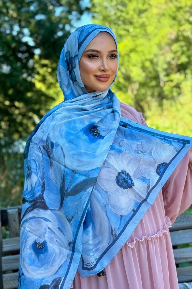 Kübra KOÇ Endless Bloom Desen Şal - Mavi - 1