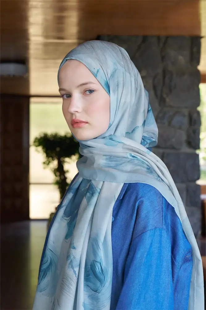 Fransız İpeği Ahenk Desen Şal - Açık Mavi - 4