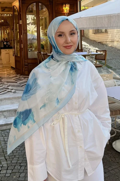 Fransız İpeği Ahenk Desen Şal - Açık Mavi 