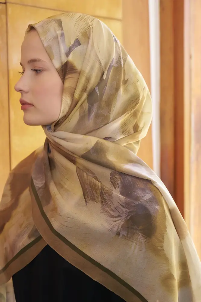 Fransız İpeği Ahenk Desen Şal - Hardal - 2