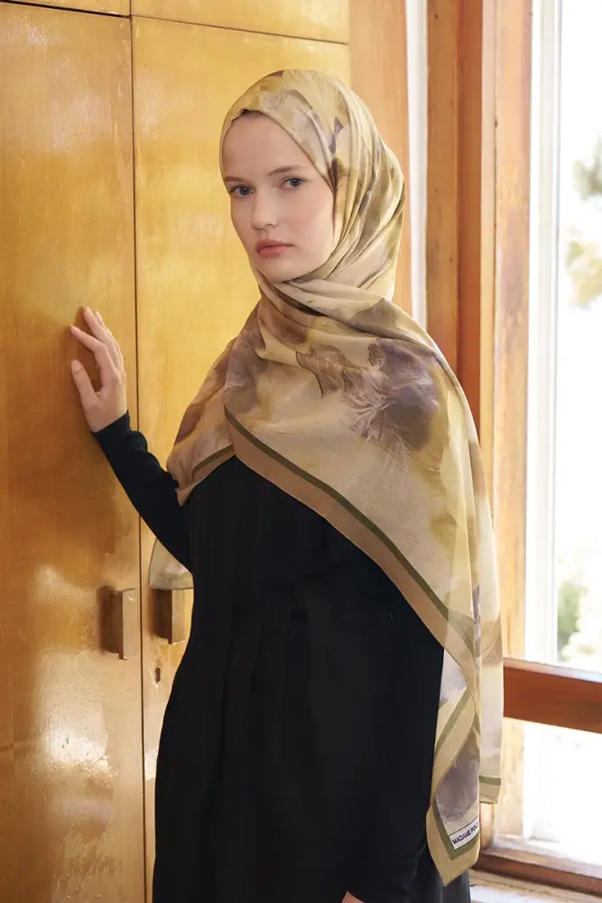Fransız İpeği Ahenk Desen Şal - Hardal - 3