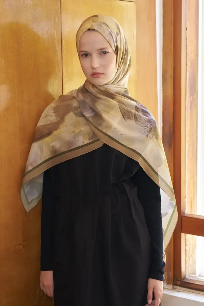 Fransız İpeği Ahenk Desen Şal - Hardal - 4