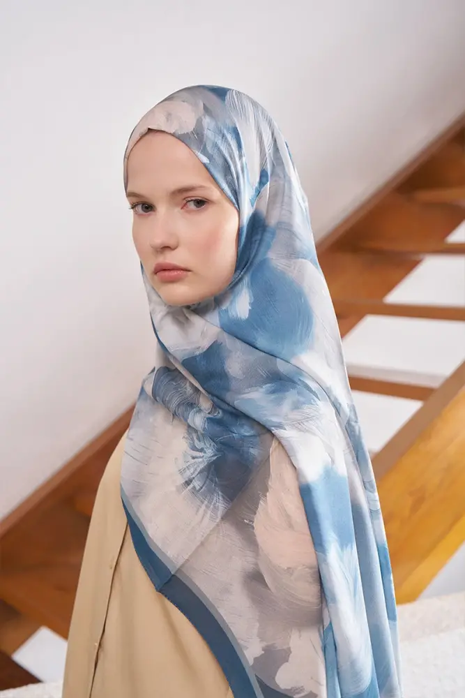 Fransız İpeği Ahenk Desen Şal - Mavi - 1