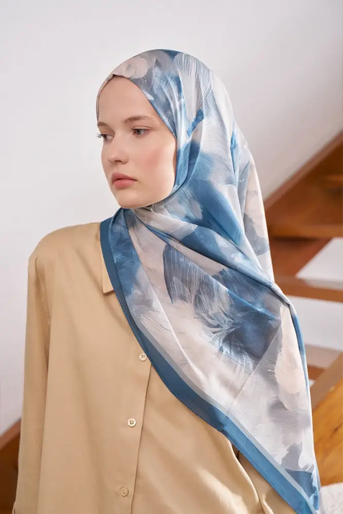 Fransız İpeği Ahenk Desen Şal - Mavi - 2