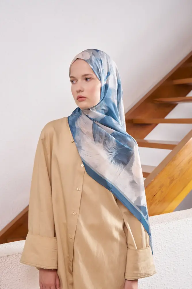Fransız İpeği Ahenk Desen Şal - Mavi - 3