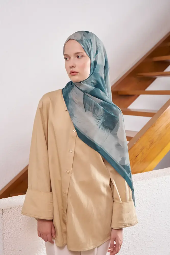 Fransız İpeği Ahenk Desen Şal - Petrol - 3