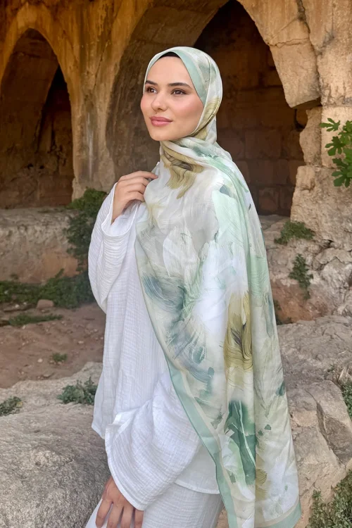Fransız İpeği Ahenk Desen Şal - Yeşil 