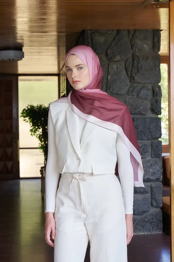 Fransız İpeği Degrade Desen Şal - Bordo - 4