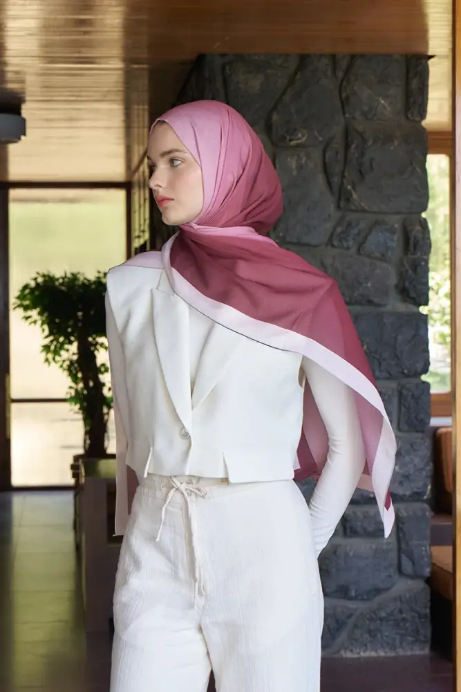 Fransız İpeği Degrade Desen Şal - Bordo - 5