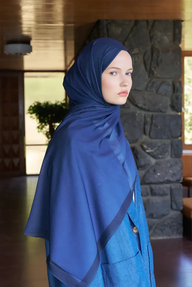 Fransız İpeği Degrade Desen Şal - Lacivert - 1