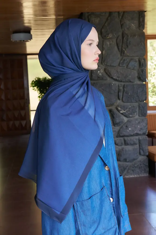 Fransız İpeği Degrade Desen Şal - Lacivert - 2