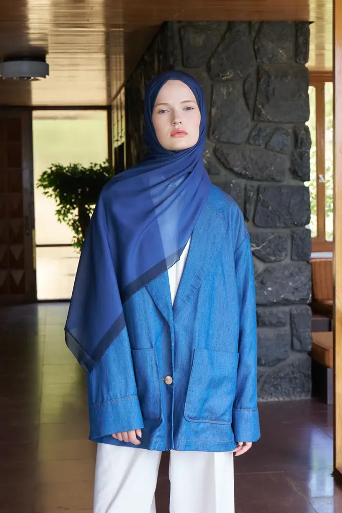 Fransız İpeği Degrade Desen Şal - Lacivert - 3