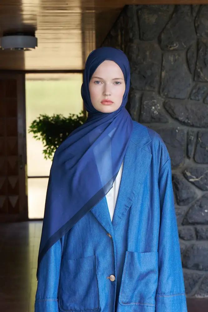 Fransız İpeği Degrade Desen Şal - Lacivert - 4