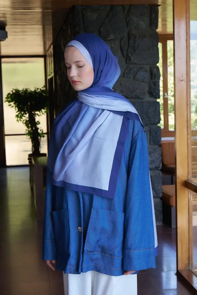 Beyza HURİ Fransız İpeği Degrade Desen Şal - Mavi - 4