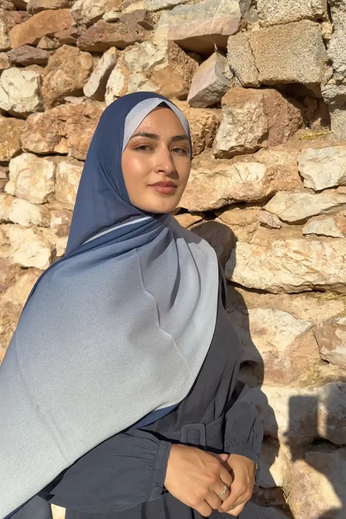 Beyza HURİ Fransız İpeği Degrade Desen Şal - Mavi 