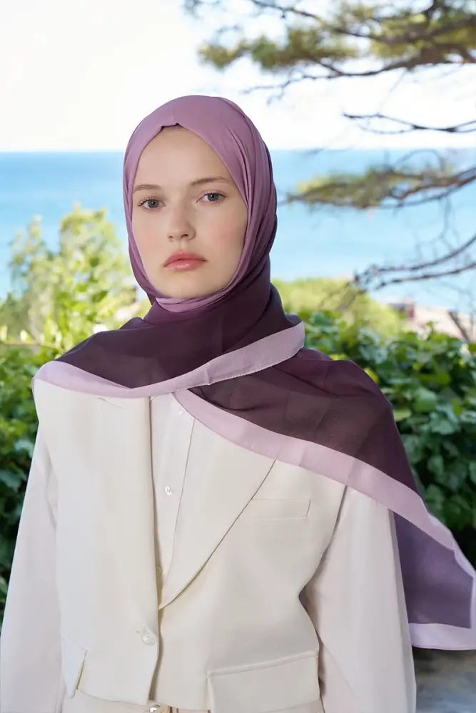 Fransız İpeği Degrade Desen Şal - Mürdüm - 1