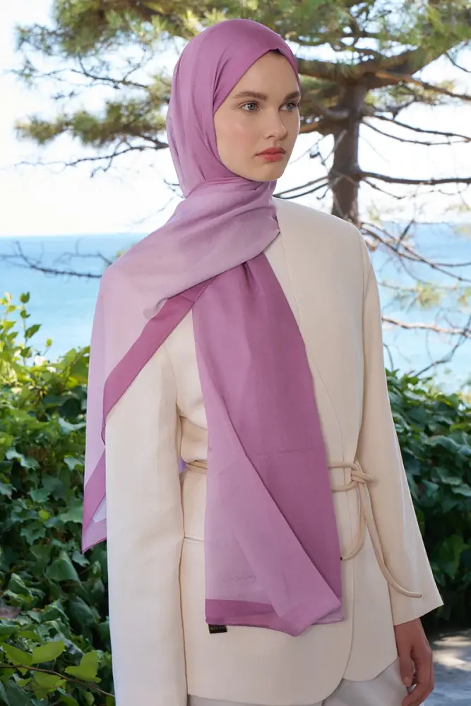 Tuğba BAĞ Fransız İpeği Degrade Desen Şal - Pembe - 5
