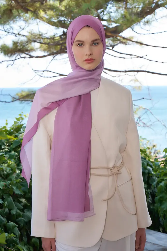 Tuğba BAĞ Fransız İpeği Degrade Desen Şal - Pembe - 6