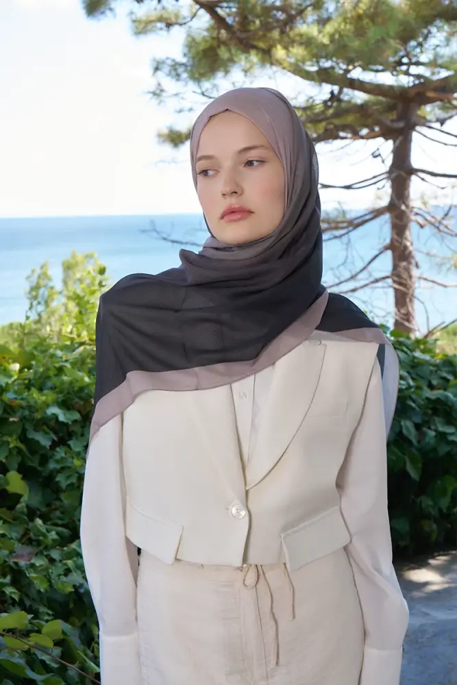 Fransız İpeği Degrade Desen Şal - Siyah / Vizon - 1