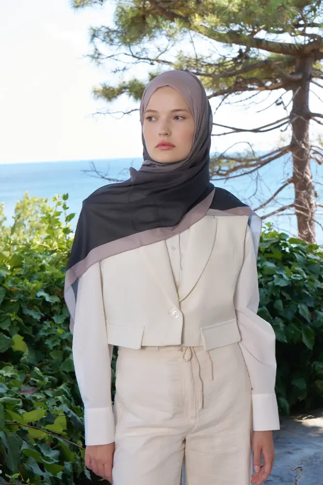 Fransız İpeği Degrade Desen Şal - Siyah / Vizon - 4