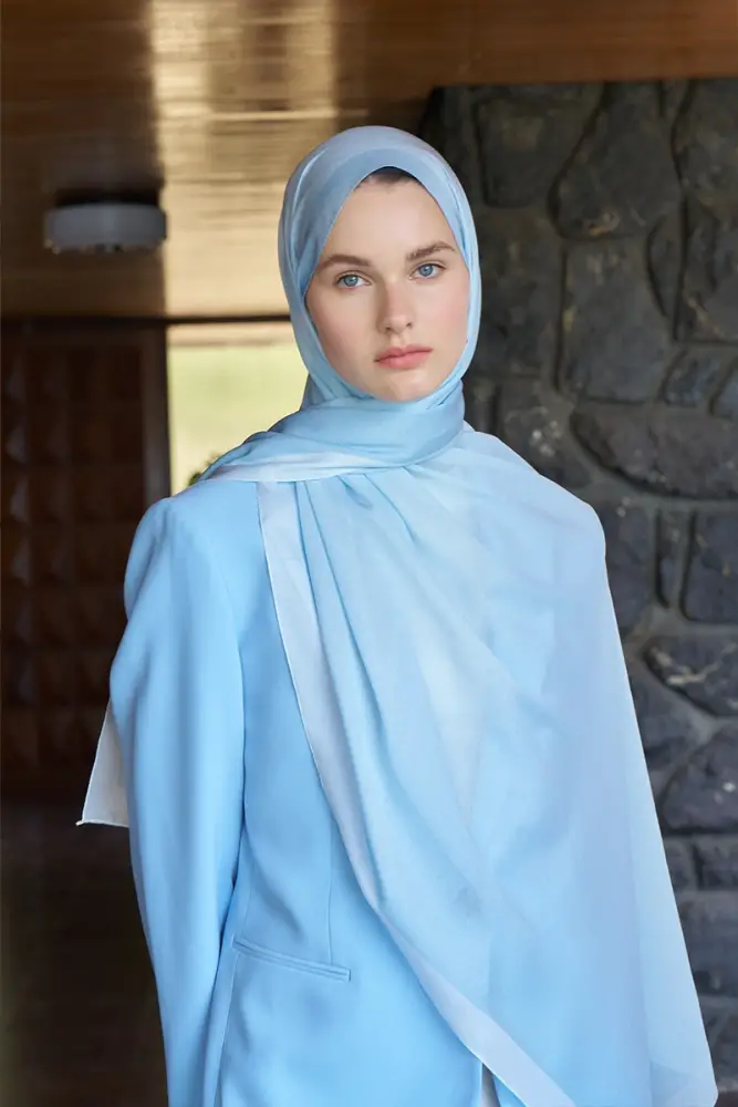 Fransız İpeği Degrade Desen Şal - Turkuaz - 4