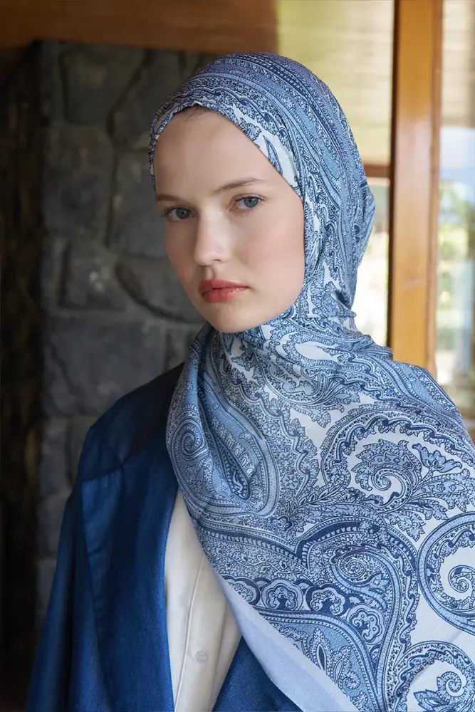 Fransız İpeği Saray Desen Şal - Açık Mavi - 1