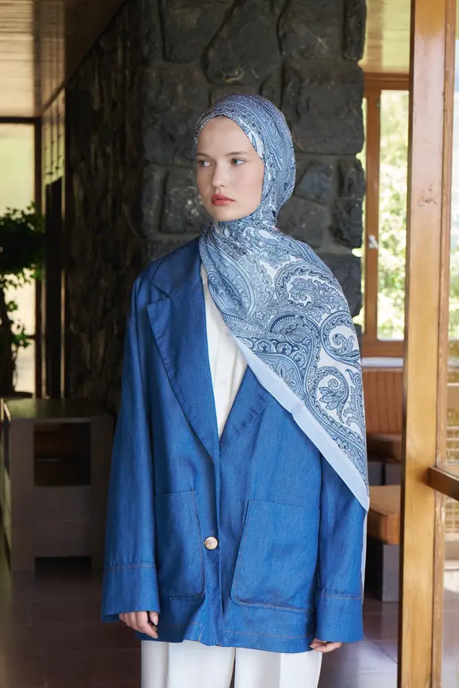 Fransız İpeği Saray Desen Şal - Açık Mavi - 3