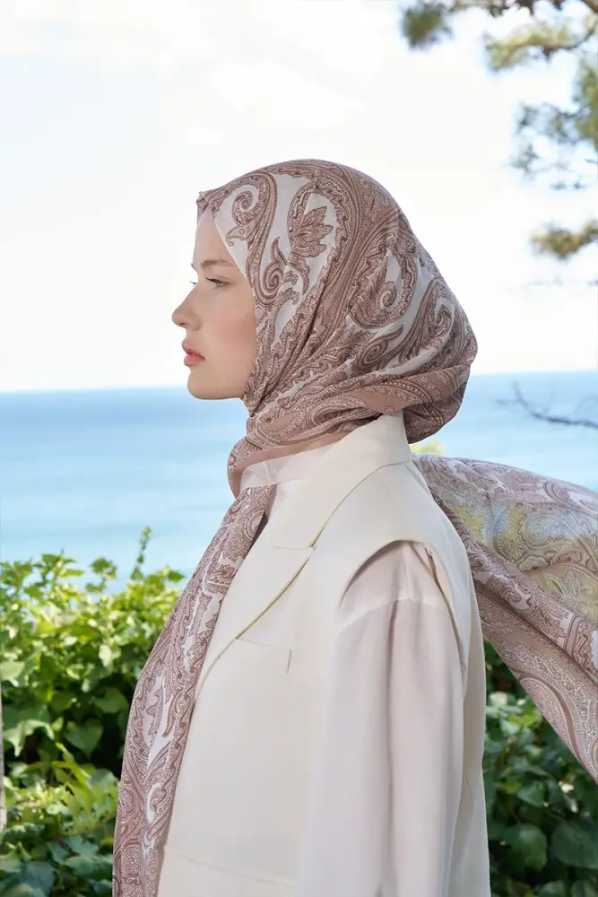 Beyza HURİ Fransız İpeği Saray Desen Şal - Bej - 3
