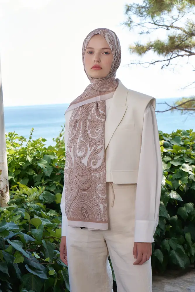 Beyza HURİ Fransız İpeği Saray Desen Şal - Bej - 5