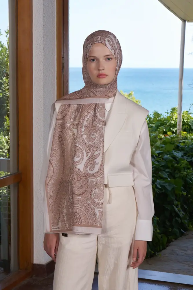 Beyza HURİ Fransız İpeği Saray Desen Şal - Bej - 2