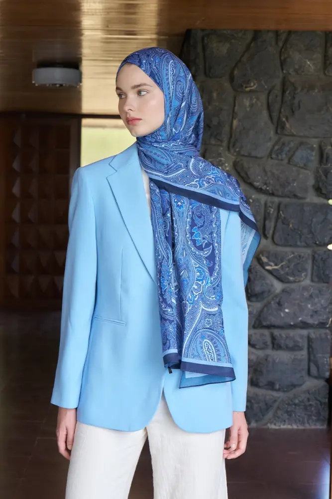 Beyza HURİ Fransız İpeği Saray Desen Şal - Lacivert - 3
