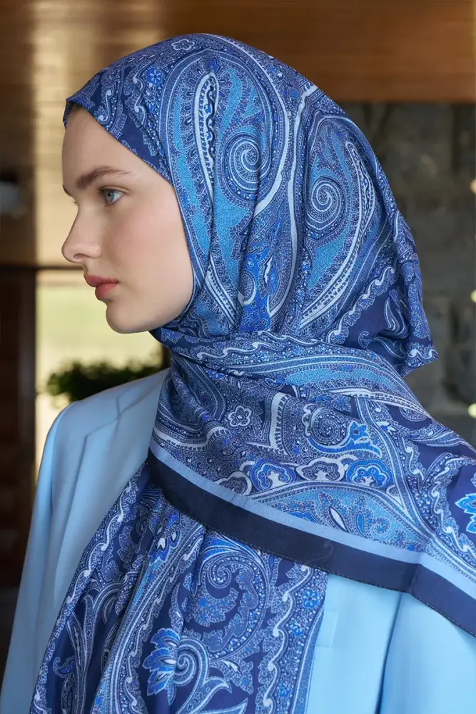 Beyza HURİ Fransız İpeği Saray Desen Şal - Lacivert - 5