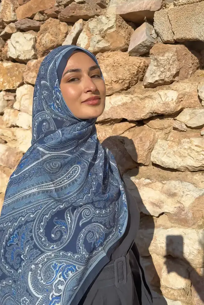 Beyza HURİ Fransız İpeği Saray Desen Şal - Lacivert - 1
