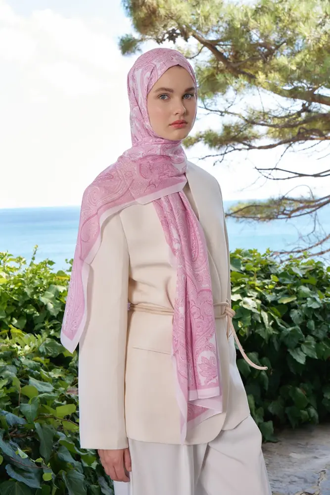 Tuğba BAĞ Fransız İpeği Saray Desen Şal - Pembe - 2