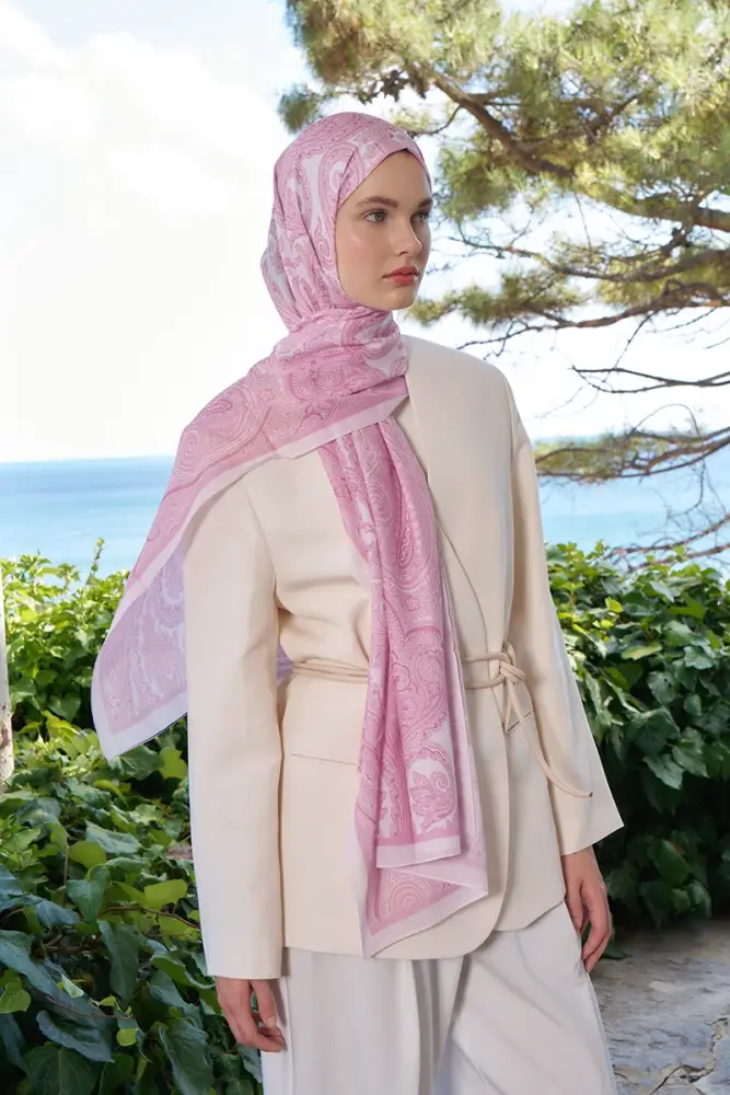 Tuğba BAĞ Fransız İpeği Saray Desen Şal - Pembe - 4