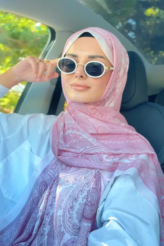 Tuğba BAĞ Fransız İpeği Saray Desen Şal - Pembe - 1