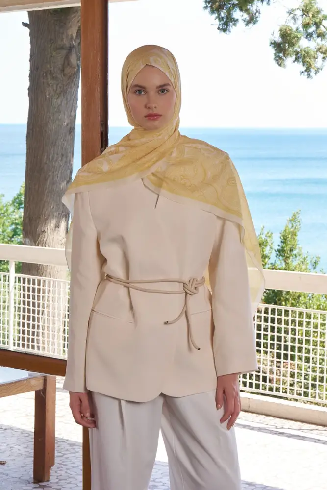 Tuğba BAĞ Fransız İpeği Saray Desen Şal - Sarı - 4