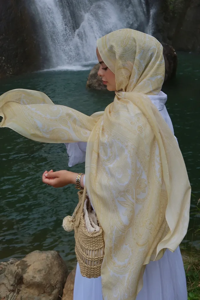 Tuğba BAĞ Fransız İpeği Saray Desen Şal - Sarı - 2