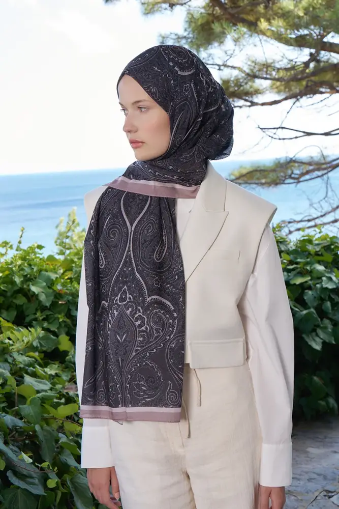 Fransız İpeği Saray Desen Şal - Siyah - 2