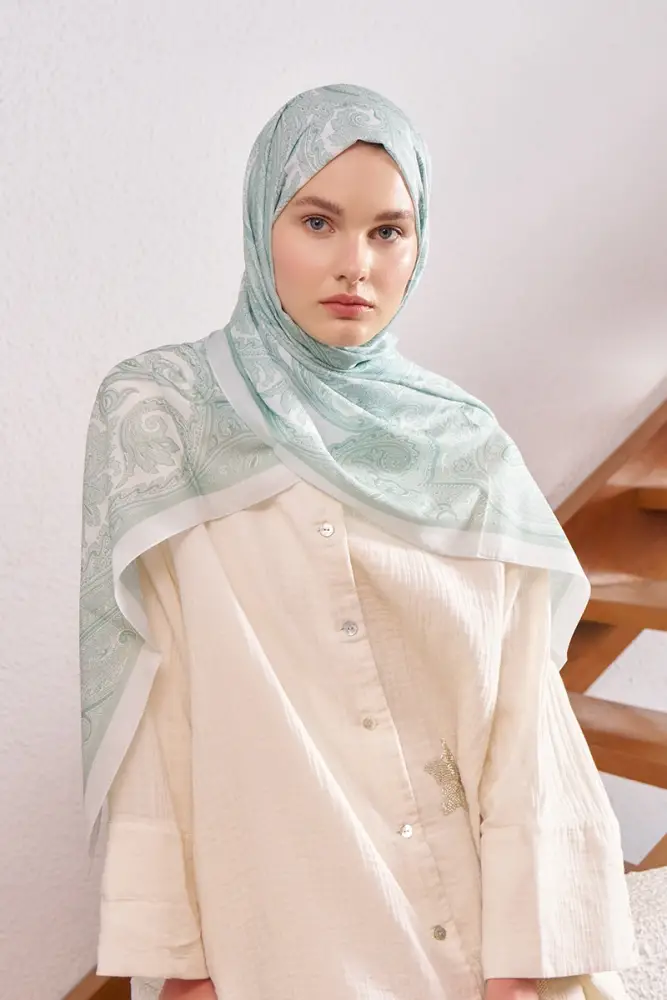 Fransız İpeği Saray Desen Şal - Su Yeşili - 3