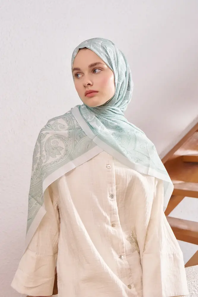 Fransız İpeği Saray Desen Şal - Su Yeşili - 4