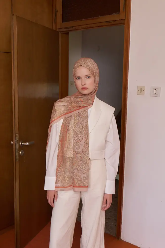 Tuğba BAĞ Fransız İpeği Saray Desen Şal - Turuncu - 6