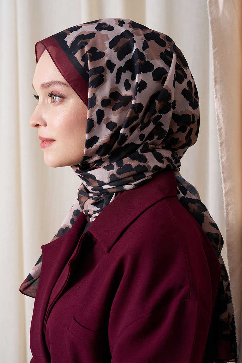 Historical Leopar Desen Şal - Bordo - MADAME POLO