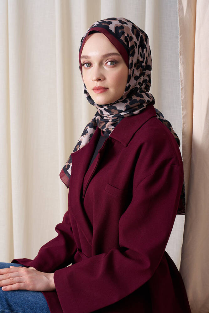 Historical Leopar Desen Şal - Bordo - 2