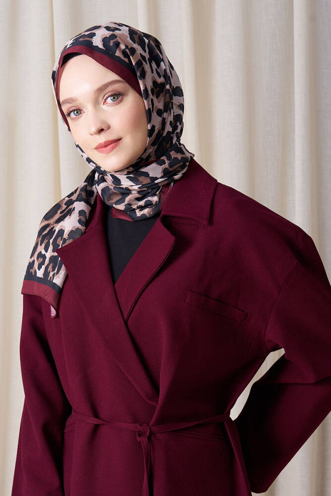 Historical Leopar Desen Şal - Bordo - 3