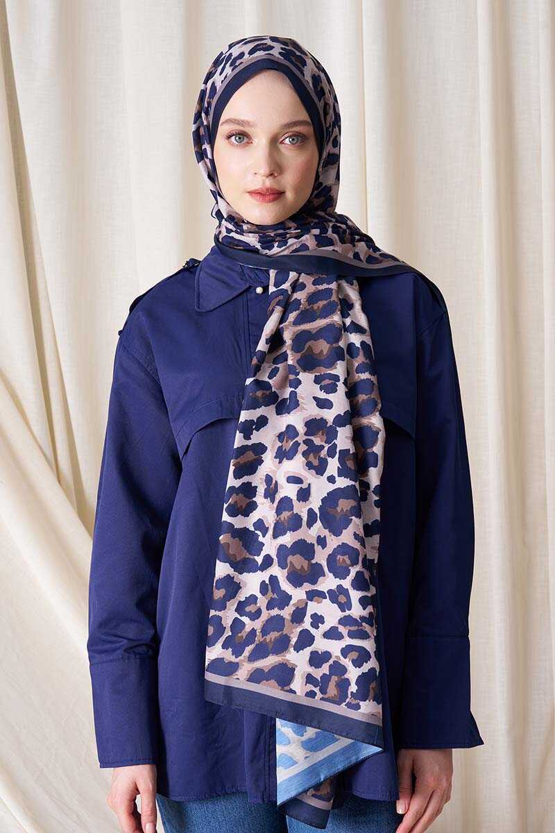 Ahsen Alemdar Historical Leopar Desen Şal - Lacivert - MADAME POLO