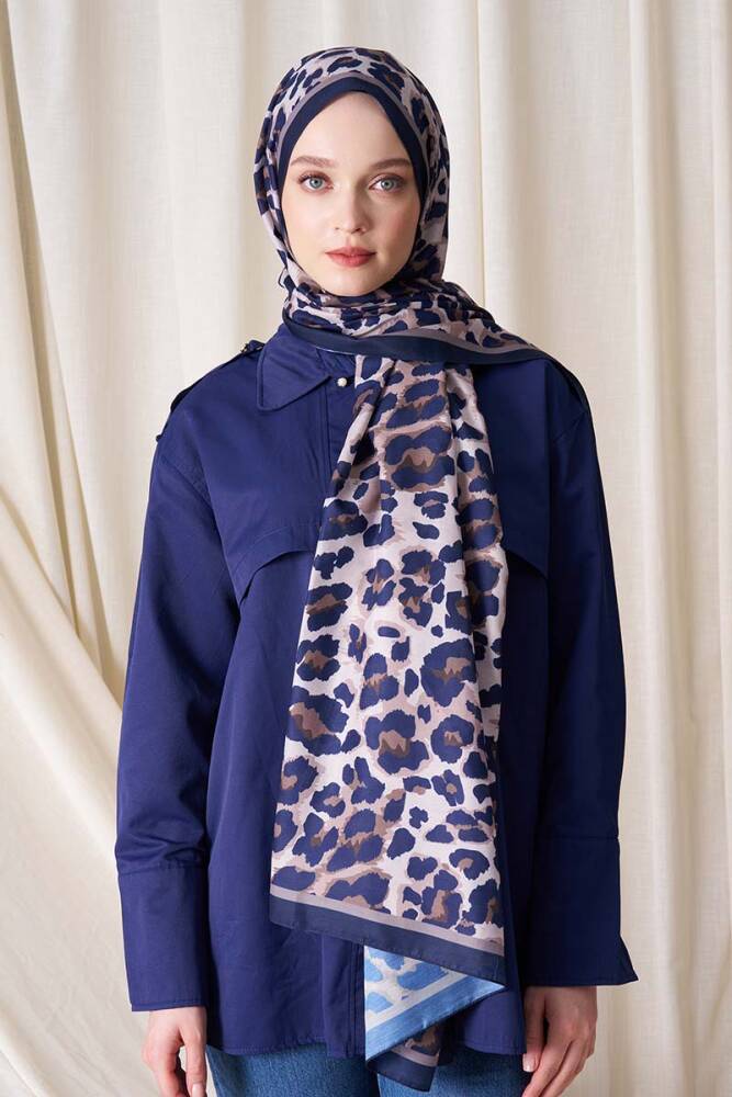 Ahsen Alemdar Historical Leopar Desen Şal - Lacivert - 2